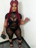 Women's Sexy Flocked Sheer Mesh Two-Piece Fashion Shorts Set