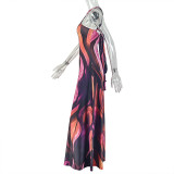Women's Chic Printed Low-Back Striped Halter-Neck Maxi Dress