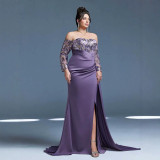 Women Purple Sexy Slit Prom Evening Dress