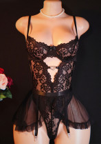 Women's Lace Heart Print Rhinestone Mesh Bodysuit and Skirt Lingerie Set