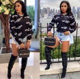 Women's Fashion Letter Print Round Neck Long Sleeve Top