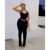 Winter Women's Solid Color Sleeveless Tie Low-Back Sexy Tight-Fitting Casual Pants Set