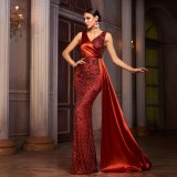 Women Sleeveless V-Neck Formal Party Sequined Fishtail Bodycon Evening Dress
