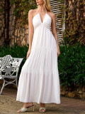 Women's Deep V Halter-Neck Lace-Up Low-Back Elegant Beach Holiday Maxi Dress