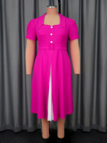 Plus Size Women's Rose Colorblock Square-Neck Slim-Waist A-line Chic Formal Party Short-Sleeve Dress