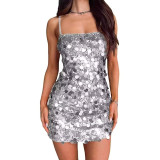 Women Sequined Formal Party Backless Bodycon Strap Dress