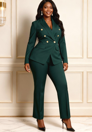 Women's Dark Green Double-Breasted Gold Button Slim Blazer & Straight-Leg Pants Career Two-Piece Suit