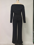 Fall/Winter Women's Solid Color Long Sleeve Top & Slim Straight Pants Casual Two-Piece Set
