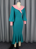 Women's Contrast Turndown Collar Puff Sleeve Slim Waist Slim Fit Formal Party Mermaid Dress