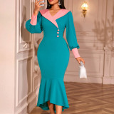 Women's Contrast Turndown Collar Puff Sleeve Slim Waist Slim Fit Formal Party Mermaid Dress