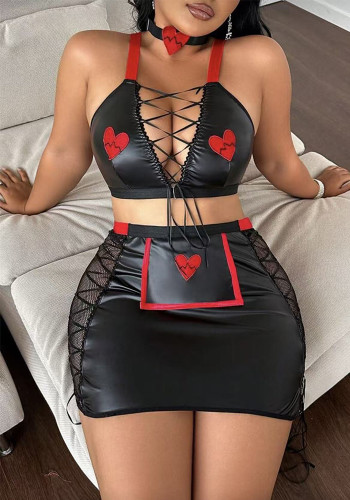 Plus Size Women's Erotic Role-Play Bodycon PU Leather Uniform Lingerie Set