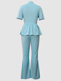 Spring/Summer Women's Fashion V-Neck Faux Button Ruffle Short Sleeve Top & Elastic Waist Bell-Bottom Pants Set