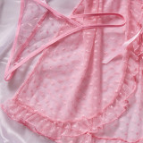 Women's Cute Pink Heart Print Sexy Slit Sheer Nightdress Lingerie Set