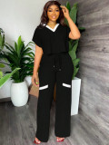 Summer Women's Solid Color Casual Short Sleeve T-Shirt & High-Waist Drawstring Straight Pants Patchwork Two-Piece Set