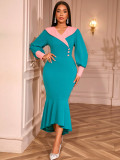 Women's Contrast Turndown Collar Puff Sleeve Slim Waist Slim Fit Formal Party Mermaid Dress