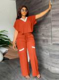 Summer Women's Solid Color Casual Short Sleeve T-Shirt & High-Waist Drawstring Straight Pants Patchwork Two-Piece Set