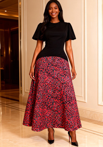 Women's African Contrast Patchwork Round Neck Puff Sleeve Printed Chic Slim Party Maxi Dress