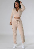 Fall/Winter Women's Fashion Hooded Zip-Up Cropped Jacket & Drawstring Pocket Pants Two-Piece Set