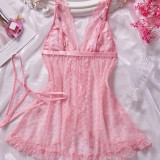 Women's Cute Pink Heart Print Sexy Slit Sheer Nightdress Lingerie Set
