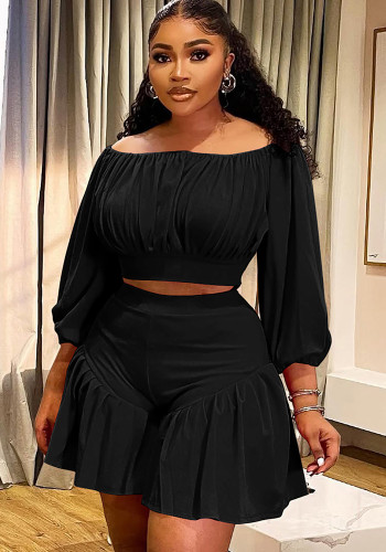 Spring/Summer Women's Fashion Pleated One-Shoulder Lantern Sleeve Shirt & Ruffle Shorts Casual Two-Piece Set