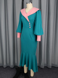 Women's Contrast Turndown Collar Puff Sleeve Slim Waist Slim Fit Formal Party Mermaid Dress