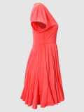 Summer Women's Solid Color Short Sleeve Back-Zip Deep V-Neck Chic Dress