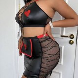 Plus Size Women's Erotic Role-Play Bodycon PU Leather Uniform Lingerie Set