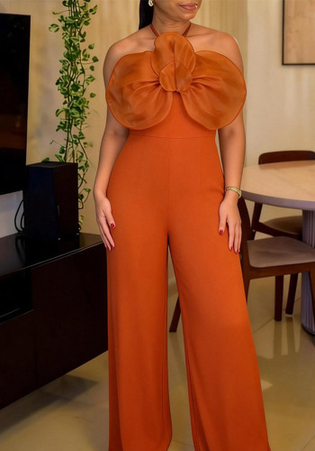 Women's Halter Neck Organza Floral High-Waist Wide-Leg Slim Fit Jumpsuit