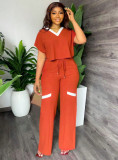 Summer Women's Solid Color Casual Short Sleeve T-Shirt & High-Waist Drawstring Straight Pants Patchwork Two-Piece Set