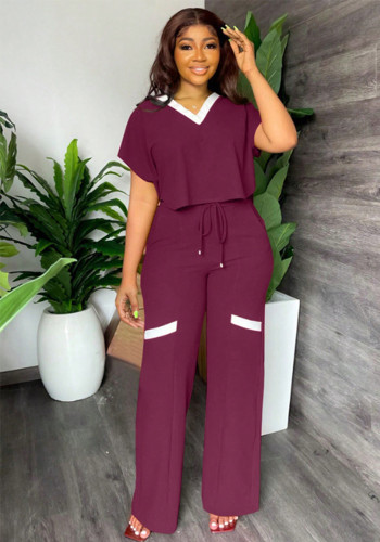 Summer Women's Solid Color Casual Short Sleeve T-Shirt & High-Waist Drawstring Straight Pants Patchwork Two-Piece Set