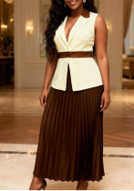 Plus Size Women's Contrast Turndown Collar Sleeveless Top & Pleated Long Skirt Career Formal Party Two-Piece Set