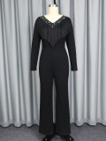 Women's Black Long Sleeve Fringe V-Neck Beaded Chic Slim Fit Party Jumpsuit