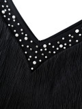 Women's Black Long Sleeve Fringe V-Neck Beaded Chic Slim Fit Party Jumpsuit