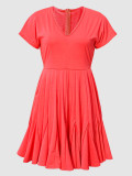 Summer Women's Solid Color Short Sleeve Back-Zip Deep V-Neck Chic Dress