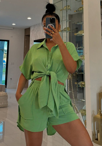 Summer Women's Turndown Collar Short Sleeve Shirt & Pocket Shorts Two-Piece Set