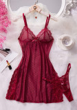 Women's Lace Polka Dot Sexy Sheer Slip Nightdress Lingerie Set