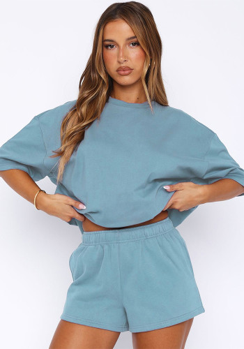 Summer Women's Casual Sport Round Neck Loose Short Sleeve Top & Elastic Waist Pocket Shorts Set