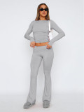 Spring/Fall Women's Solid Color Long Sleeve Casual Comfortable Bell-Bottom Two-Piece Pants Set