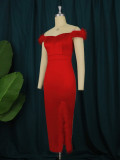 Women's Satin Red Feather Slit Bodycon Slim Waist Elegant Fashion Party Dress