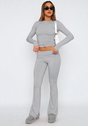 Spring/Fall Women's Solid Color Long Sleeve Casual Comfortable Bell-Bottom Two-Piece Pants Set