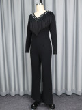 Women's Black Long Sleeve Fringe V-Neck Beaded Chic Slim Fit Party Jumpsuit