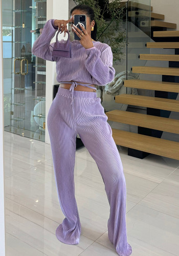 Spring/Fall Women's Elegant Pleated Deep V-Neck Lace-Up Long Sleeve Top & High-Waist Straight Pants Casual Set