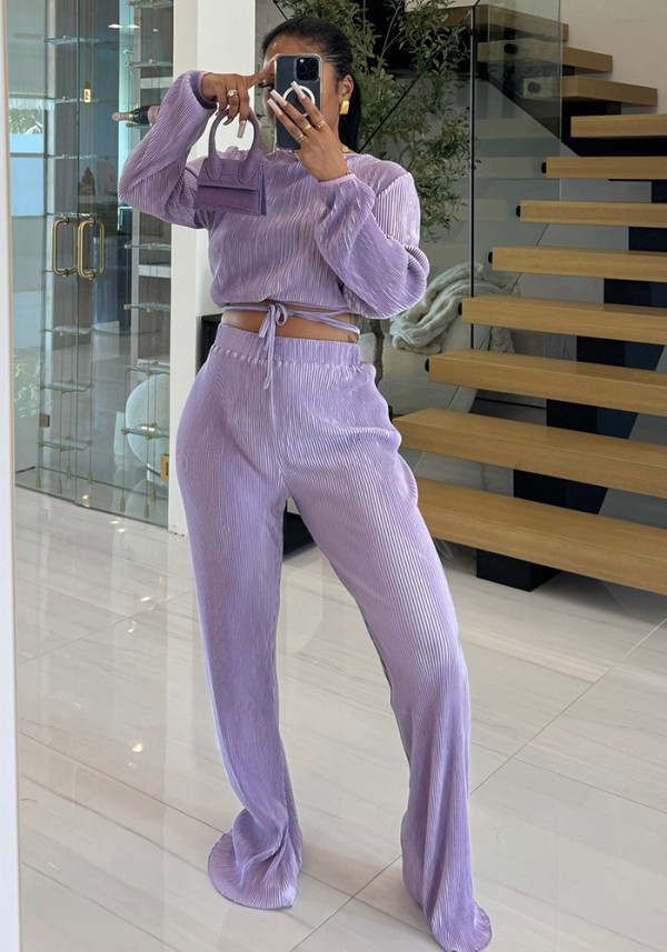Spring/Fall Women's Elegant Pleated Deep V-Neck Lace-Up Long Sleeve Top & High-Waist Straight Pants Casual Set