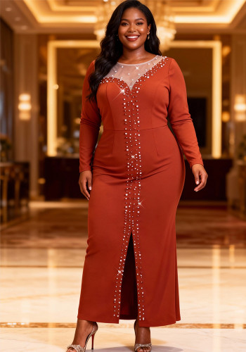 Plus Size Women's Beaded Long Sleeve Sheer Mesh Collar Slim Waist Slit Chic Formal Party Long Dress