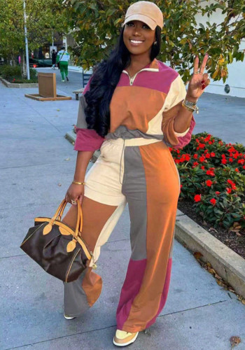 Women's Casual Patchwork Long Sleeve Zip-Up Hoodie Elastic Waist Straight Pants Sport Set