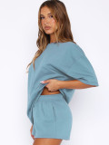 Summer Women's Casual Sport Round Neck Loose Short Sleeve Top & Elastic Waist Pocket Shorts Set