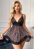 Women's Sexy Leopard Print Sheer Deep V Lace Mesh Low Back Slip Nightdress
