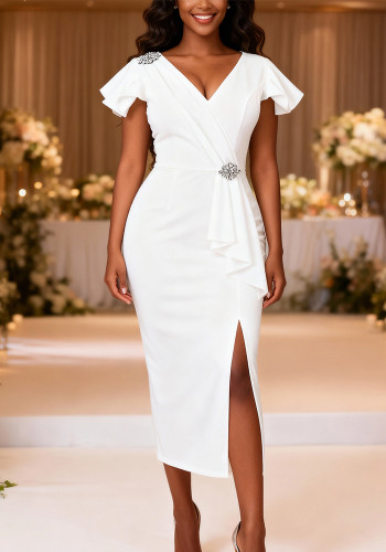 Women's White V-Neck Rhinestone Ruffle Sleeve Pleated Slim Waist Slit Elegant Party Bodycon Dress