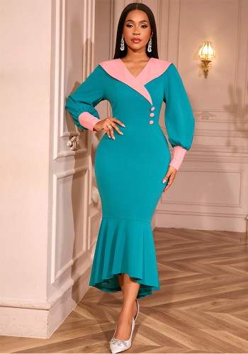 Women's Contrast Turndown Collar Puff Sleeve Slim Waist Slim Fit Formal Party Mermaid Dress
