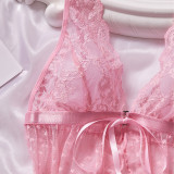 Women's Cute Pink Heart Print Sexy Slit Sheer Nightdress Lingerie Set